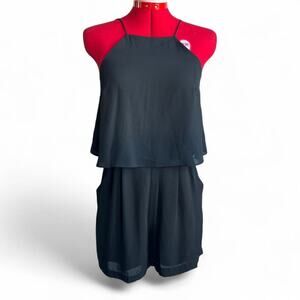 Black High Neck Sheer Overlay Romper With Pockets & Back Zipper Size Small